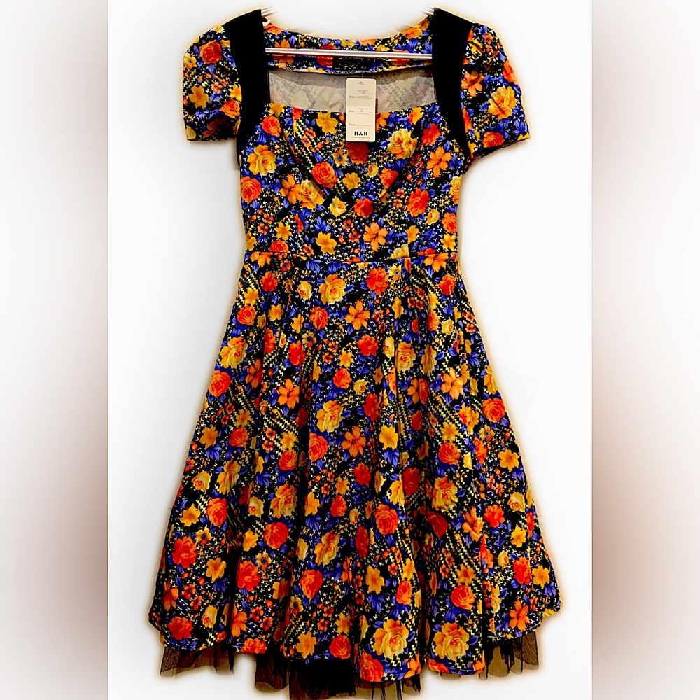 H&R London Floral Flowers Pinup Rockabilly Goth Swing Dress